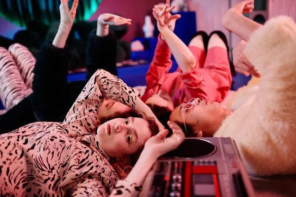 Closeup Vogue Dance Crew Lying Floor Red Neon Light Focus — Stock Photo, Image