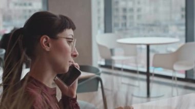 Modern kafe 'de panoramik pencereli çalışırken akıllı telefondan konuşan güzel beyaz iş kadınının göğüs tarafı.