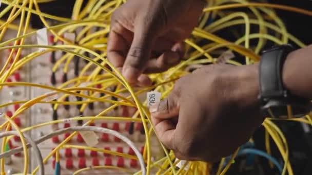 Bilgi Merkezinde Birbirine Dolanmış Sarı Kabloları Birbirine Bağlayan Tanımlanamayan Bilişim — Stok video