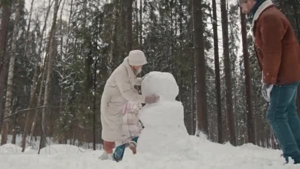 Кавказская Семья Трех Человек Вместе Делает Снежок Проводит Зимние Каникулы — стоковое видео