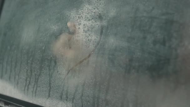 Fille Méconnaissable Dessin Coeur Sur Brouillard Humide Fenêtre Voiture — Video
