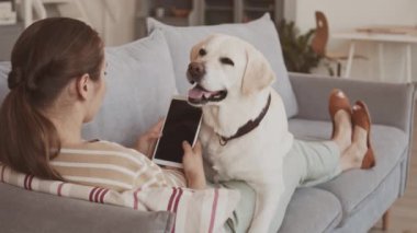 Genç bir kadının dijital tabletle boş bir kopya ekran kullanırken tatlı bir Golden Retriever ile yumuşak koltukta rahatlarken arka plan görüntüsü