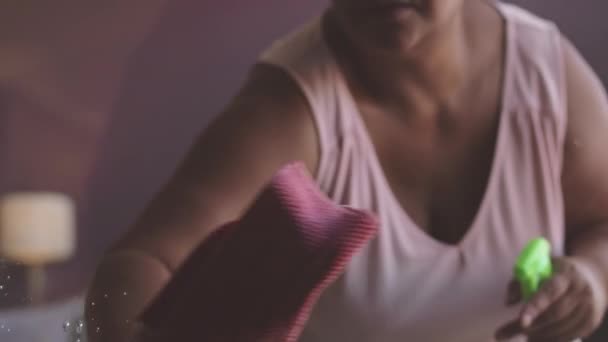 Colpo Ritagliato Casalinga Afroamericana Utilizzando Detergente Spray Panno Microfibra Durante — Video Stock