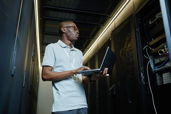 Low Angle Portrait African American Man Managing Server Network Using — Stock Photo, Image