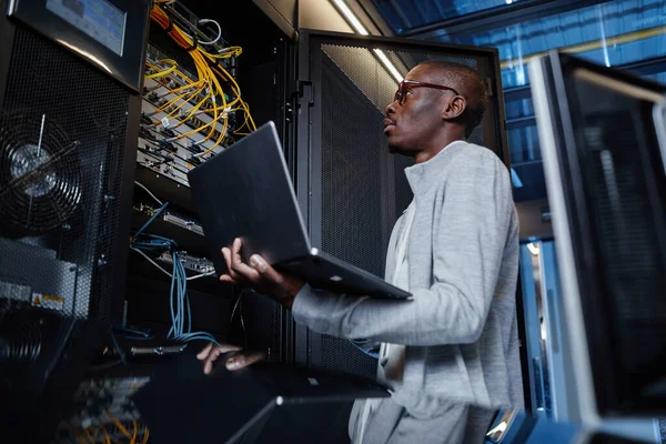 Side View Portrait Black Man Working Engineer Holding Laptop While — Stock Photo, Image