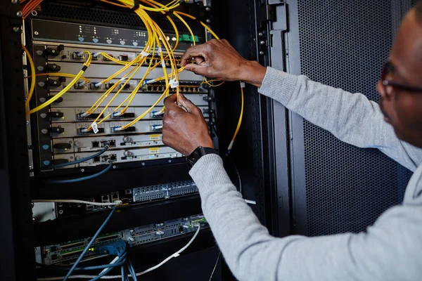 Close Engineer Connecting Cables Server Room While Setting Data Network — Stock Photo, Image