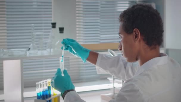 Zaostřený Mladý Biracial Mužský Biotechnologik Sterilních Rukavicích Bílém Laboratorním Plášti — Stock video