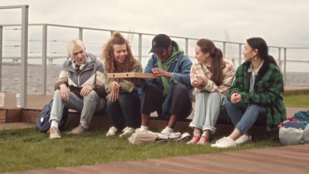 ピザを食べ 屋外で緑の芝生に座って話す若いケアフリーの多民族のグループのスローモ — ストック動画