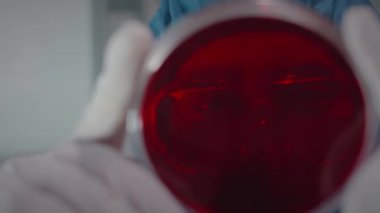 Koruyucu gözlüklü, maskeli ve kamuflajlı genç çift ırklı bilim adamının araştırma laboratuvarında çalışırken petri kabındaki kültürleri incelerken orta derecede yakın çekimi.