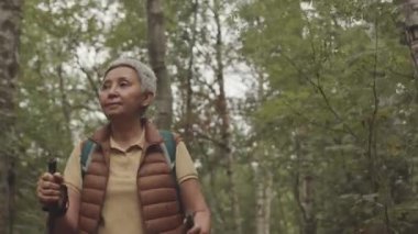 Orta ölçekli, orta ölçekli, yaşlı Asyalı bir kadının ormanda sırıklarla yürüdüğü bir fotoğraf.
