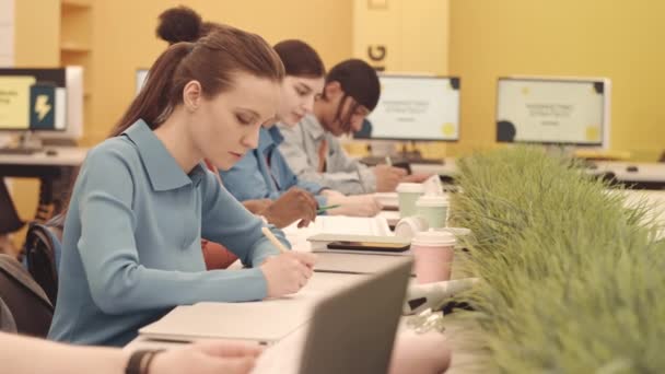 Çok Kültürlü Üniversite Öğrencilerinin Parlak Modern Bilişim Sınıfında Masa Başında — Stok video
