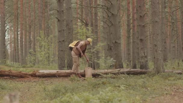Amplo Tiro Mulher Idosa Ativa Casualwear Confortável Sentado Log Floresta — Vídeo de Stock