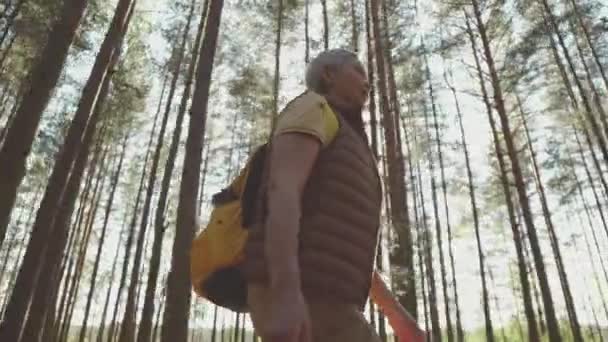 Niski Kąt Ujęcia Aktywnej Azjatki Żółtym Plecakiem Plecach Wędrującej Lesie — Wideo stockowe