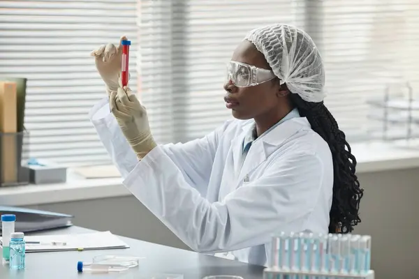 Boční Pohled Portrét Mladé Černošky Pracující Vědecké Laboratoři Držení Zkumavky — Stock fotografie