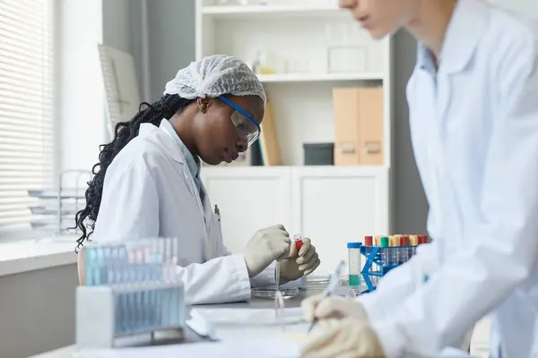 Zijaanzicht Portret Van Zwarte Vrouwelijke Wetenschapper Doet Experimenten Medisch Laboratorium — Stockfoto