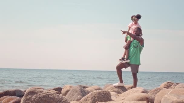 Pembe Günbatımında Kumsalda Taşların Üzerinde Duran Küçük Kızı Olan Uzun — Stok video