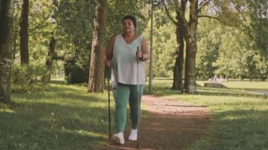 Vücutta tam boy yavaşlama pozitif Afrikalı Amerikalı orta yaşlı kadın yürüyüş direkleri kuzeyli güneş ışığı altında parkta yürüyor