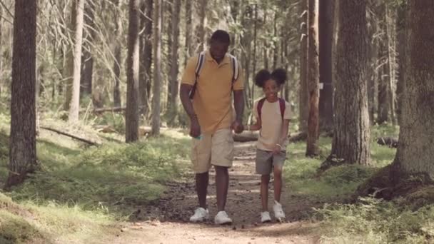 Full Length Slowmo African American Man Little Daughter Walking Forest — Stock video