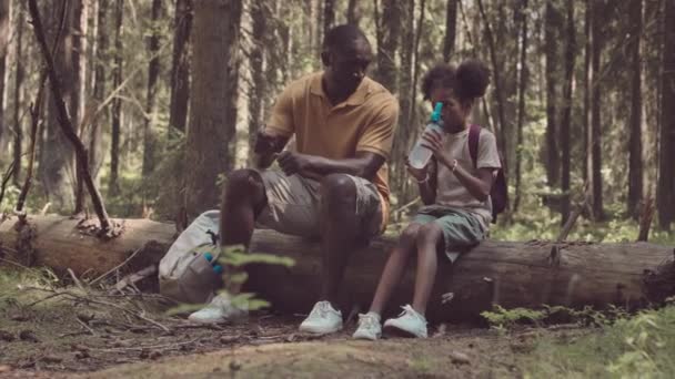 Slowmo Czarnego Czlowieka Letnia Corka Siedzi Pniu Drzewa Lesie Podczas — Wideo stockowe