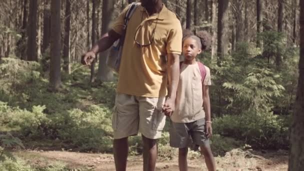 Slowmo Black Man Little Daughter Hiking Forest Together Summer Holidays — Stock video