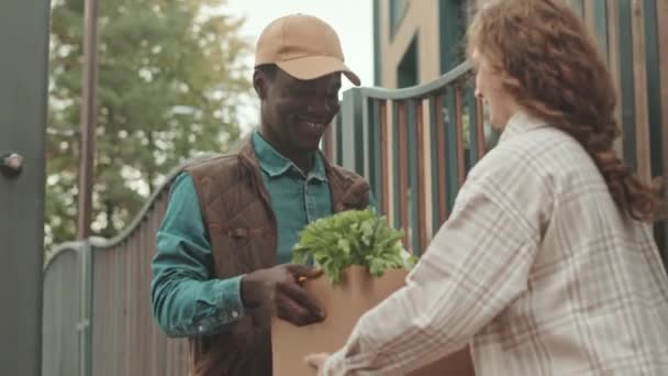Střední Záběr Mladé Bělošky Objednávající Potraviny Domů Doručované Afroamerickým Kurýrem — Stock video