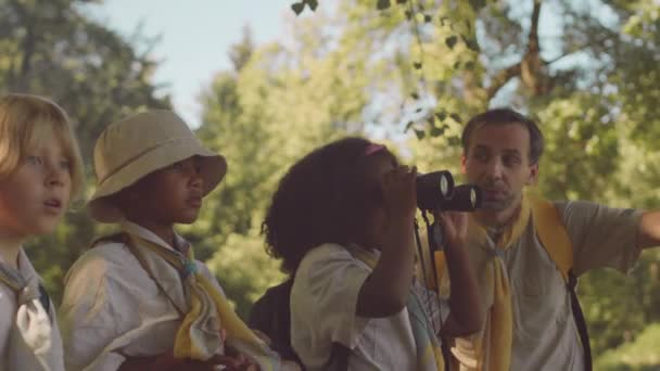 Különböző Elemi Korú Gyerekek Csoportja Akik Távcsövet Használnak Nyári Erdőben — Stock videók