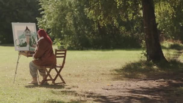 在公园阳光明媚的绿色草坪上 年轻女画家坐在椅子上 在白色帆布上描绘美丽风景的背景图 — 图库视频影像