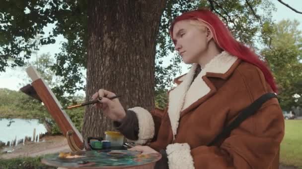 Parktaki Ağacın Altında Otururken Tuvale Pembe Saç Boyası Çizen Yetenekli — Stok video