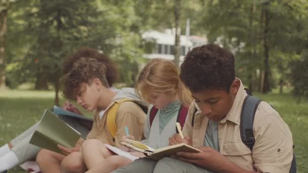 Groep Multiculturele Basisschoolkinderen Die Hun Copybooks Schrijven Terwijl Gras Zitten — Stockvideo