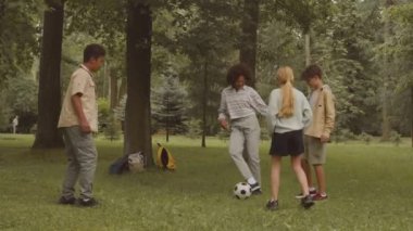 Bir grup kaygısız çoklu etnik çocuk sıcak güneşli bir günde parkta yeşil çimlerde futbol oynuyor ve okuldan sonra birlikte vakit geçiriyorlar.