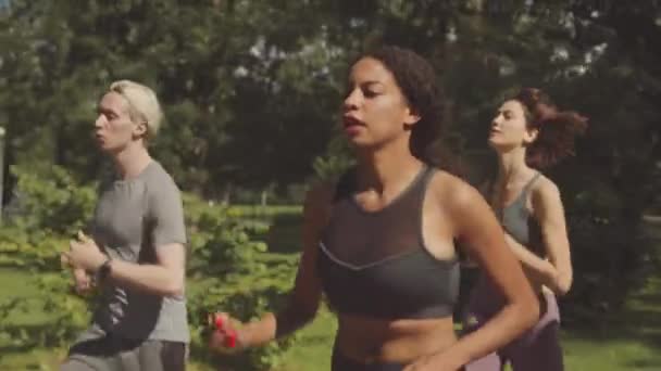 Güneşli Bir Günde Halka Açık Parkta Koşan Formda Genç Sporcuların — Stok video
