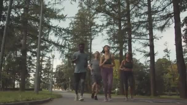 Nízký Úhel Plný Délky Záběr Čtyř Mladých Různorodých Běžců Jogging — Stock video