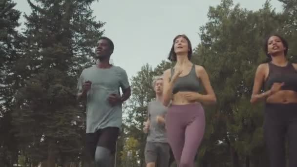 Nízký Úhel Čtyř Aktivních Multietnických Přátel Sportovním Oblečení Jogging Venku — Stock video