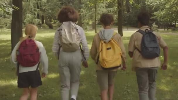 Slowmo Střední Zadní Pohled Skupinu Multietnických Školáků Batohy Běžícími Zelené — Stock video