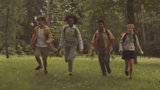 Slowmo Czworga Wielonarodowych Dzieciaków Plecakami Biegnących Zielonym Trawniku Razem Stronę — Wideo stockowe
