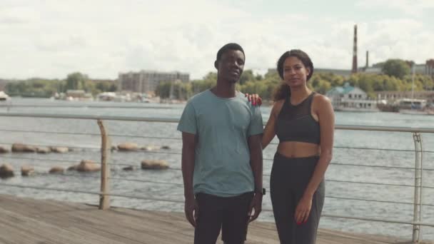 Medium Portrait Young Fit African American Couple Posing Camera Urban — Stock Video