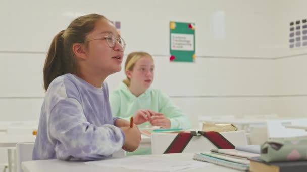 Zwei Schülerinnen Sitzen Weißen Schreibtischen Hellen Klassenzimmer Und Diskutieren Während — Stockvideo