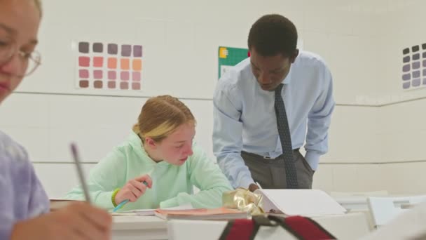 若いアフリカ系アメリカ人男性教師のミディアムショットは 明るい教室で白い机に座ってクラス割り当てをしている白人少女を助けます — ストック動画