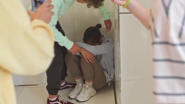 Teenage Girls Recording Video Smartphones Classmate Being Bullied School Corridor — Stock Video