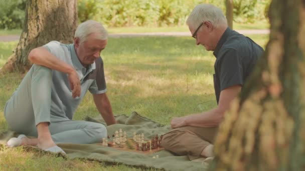 公立公園の緑の草の上に座っている2人の白人男性高齢者がチェスをする — ストック動画