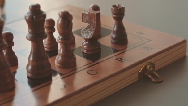 Slowmo Closeup Classic Wooden Chessboard Brown Pieces Stock Video
