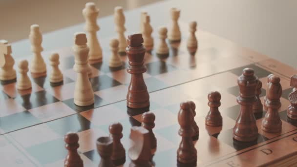 People Closeup Slowmo Wooden Chessboard Two Kings Standing Middle — Stock video