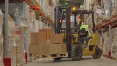 Depodaki rafların arasına park etmiş karton kutularla dolu forklift kamyonu vurulan hiç kimse yok.