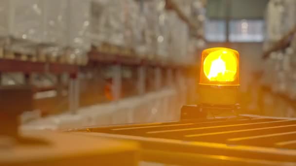 People Closeup Red Warning Light Spinning Top Forklift Beaming Warehouse — Stock Video
