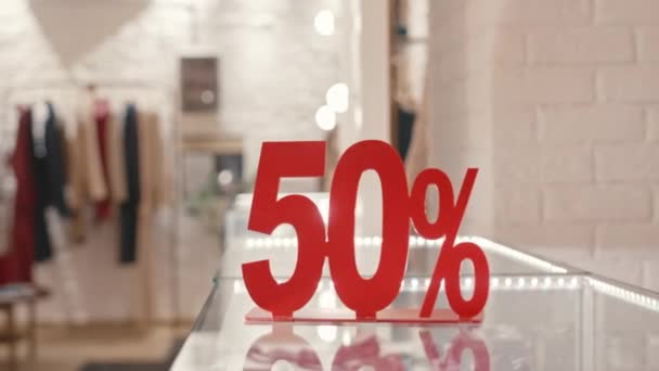 People Shot Red Percent Sale Sign Led Illuminated Glass Display — Stock Video