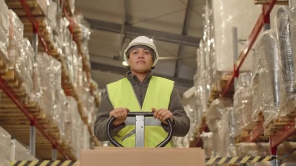 Low Angle Medium Shot Young Biracial Female Warehouse Worker Looking — Stock video