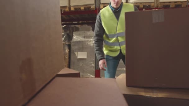 Jovem Carregador Masculino Caucasiano Verificando Movendo Caixa Papelão Enquanto Trabalhava — Vídeo de Stock