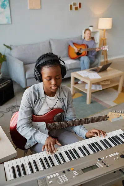 Vertical Portrait Black Young Woman Playing Music Home Wearing Headphones — Stock Photo, Image
