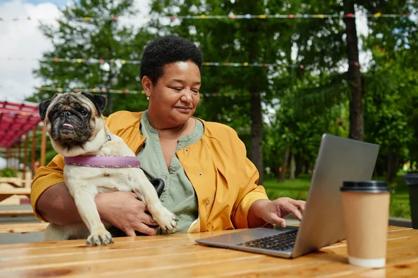 Portrait Senior Black Woman Using Laptop Outdoor Cafe Cute Pug — Stock Photo, Image