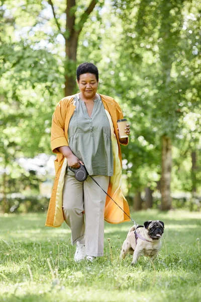 Вертикальный Портрет Улыбающейся Черной Женщины Выгуливающей Симпатичную Собаку Парке Наслаждающейся — стоковое фото